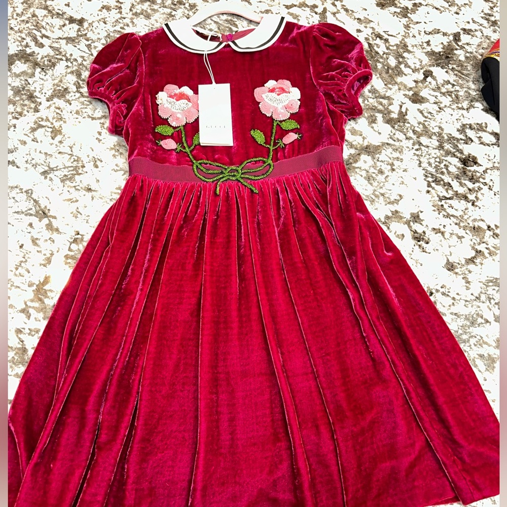 Gucci Kids Velvet Beaded Rose Dress 12